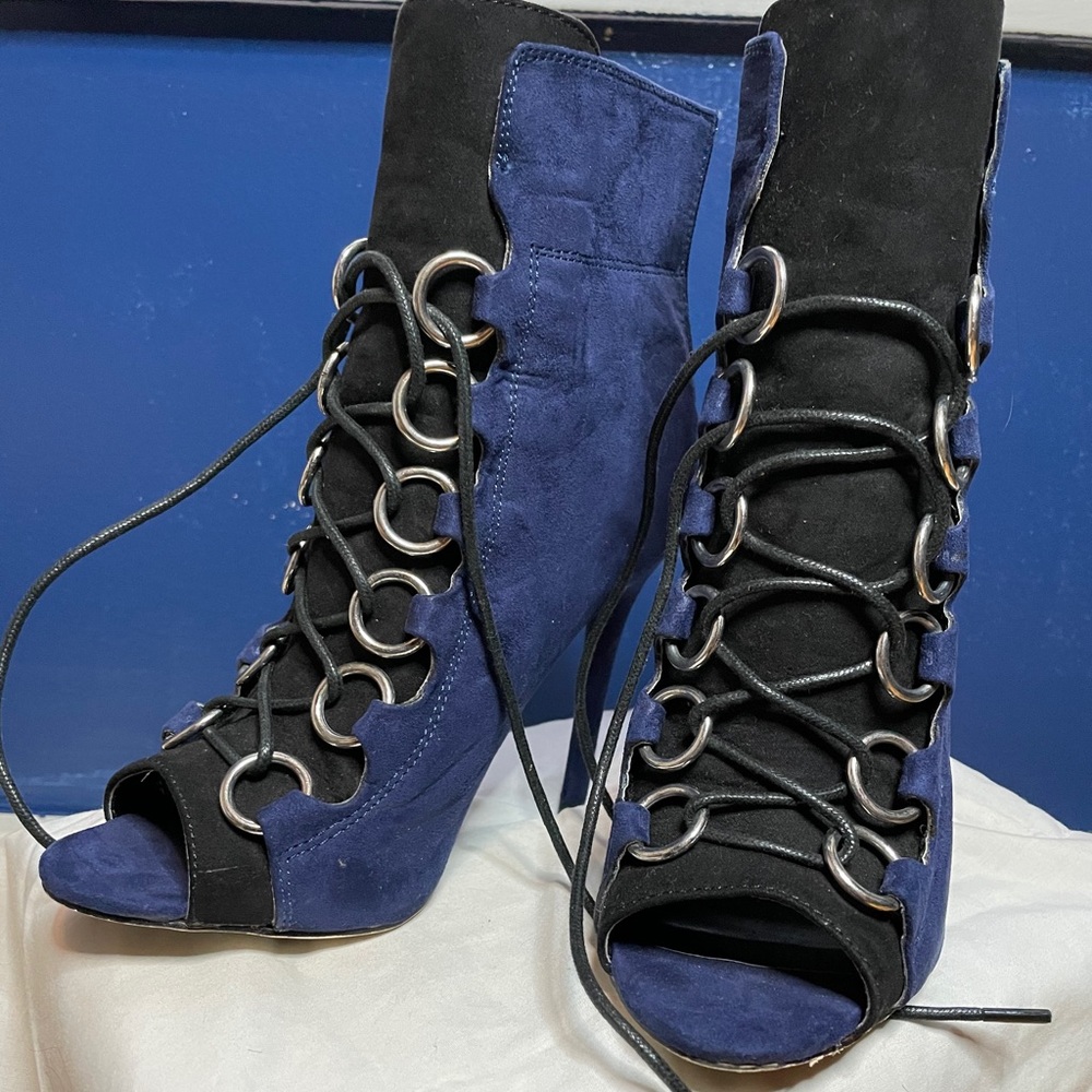 blue suede lace up boot heel